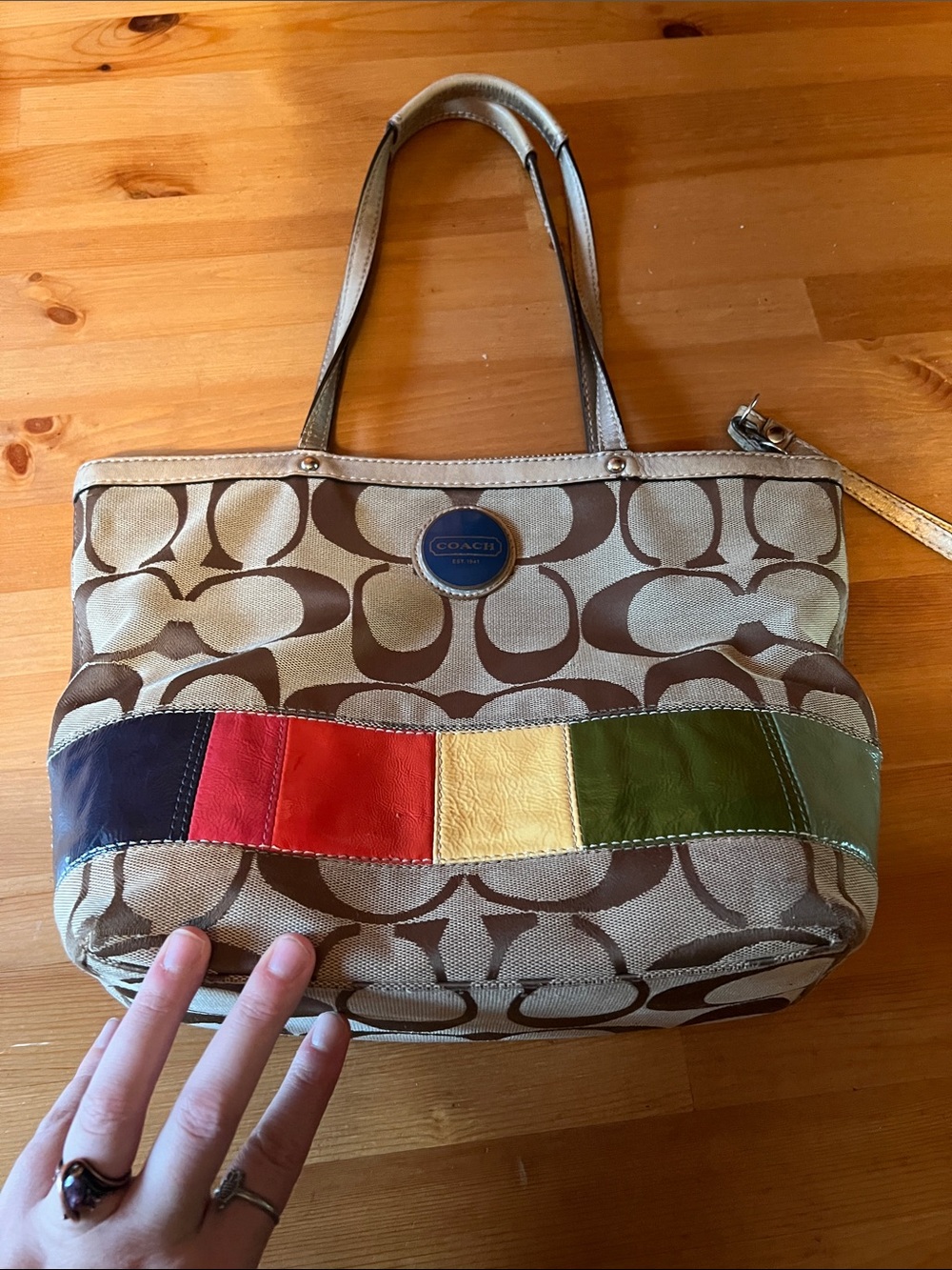 Coach Brown Signature Canvas Tote with Multicolor Leather Stripe